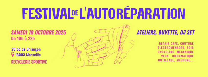Le Festival de l’Autoréparation est un évènement convivial et ludique autour des techniques de réparation des objets du quotidien. Au programme de cette journée, de nombreux ateliers pour découvrir et se réapproprier les savoir-faire de la réparation, animés par les acteurs et actrices du tissu associatif marseillais.